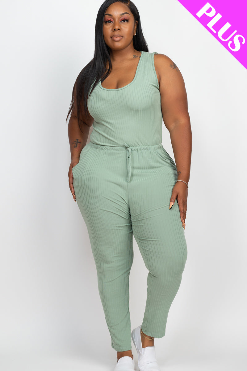 Plus Size Ribbed Sleeveless Drawstring Waist Jumpsuit (CAPELLA)-9