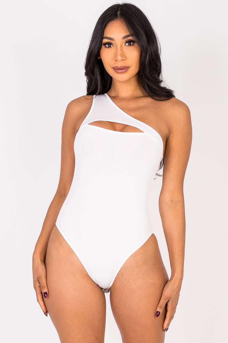 Ribbed Knit Cut Out One Shoulder Bodysuit (CAPELLA)-7