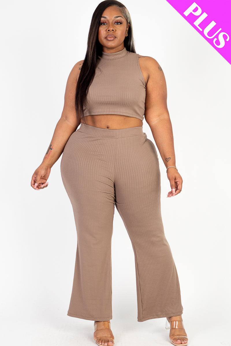 Plus Size Ribbed Mock Neck Crop Tank Top& Bootcut Pants Set (CAPELLA)-8
