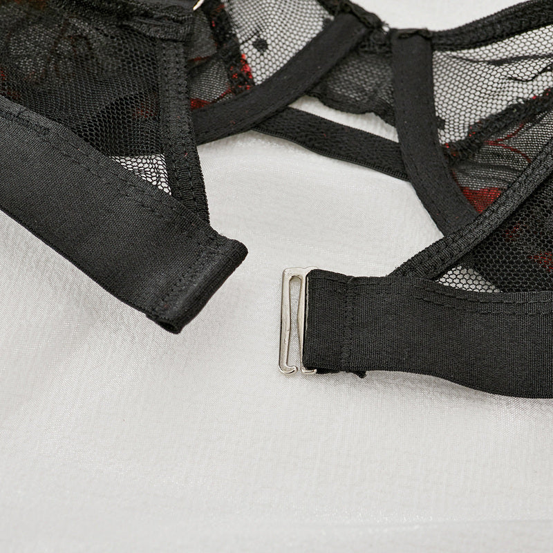 Wholesale Embroidered Mesh 3-Piece Bra and Panty Set with Red Floral-9