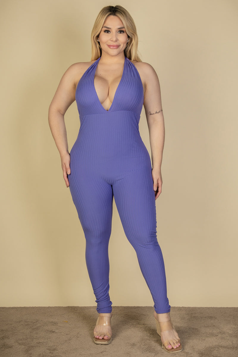 Plus Size Halter V Neck Ribbed Bodycon Jumpsuit (CAPELLA)-0