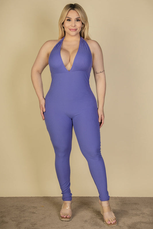 Plus Size Halter V Neck Ribbed Bodycon Jumpsuit (CAPELLA)-0