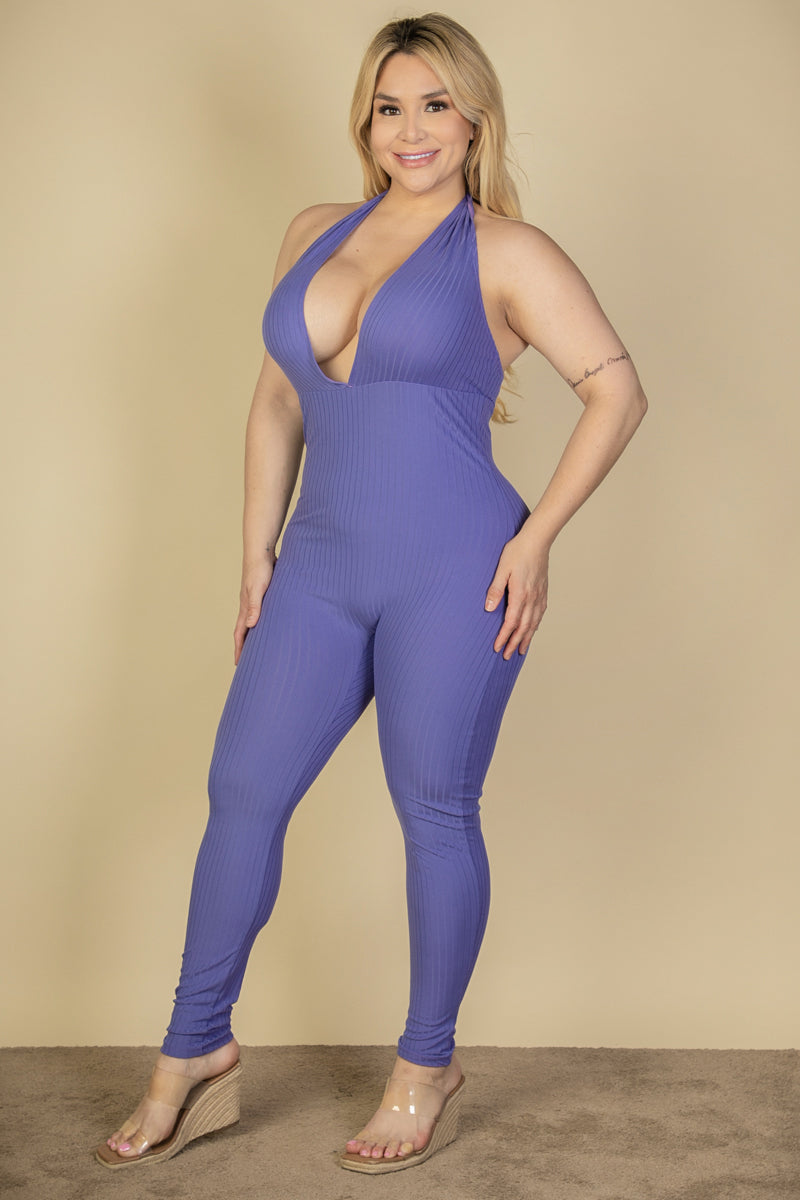 Plus Size Halter V Neck Ribbed Bodycon Jumpsuit (CAPELLA)-1