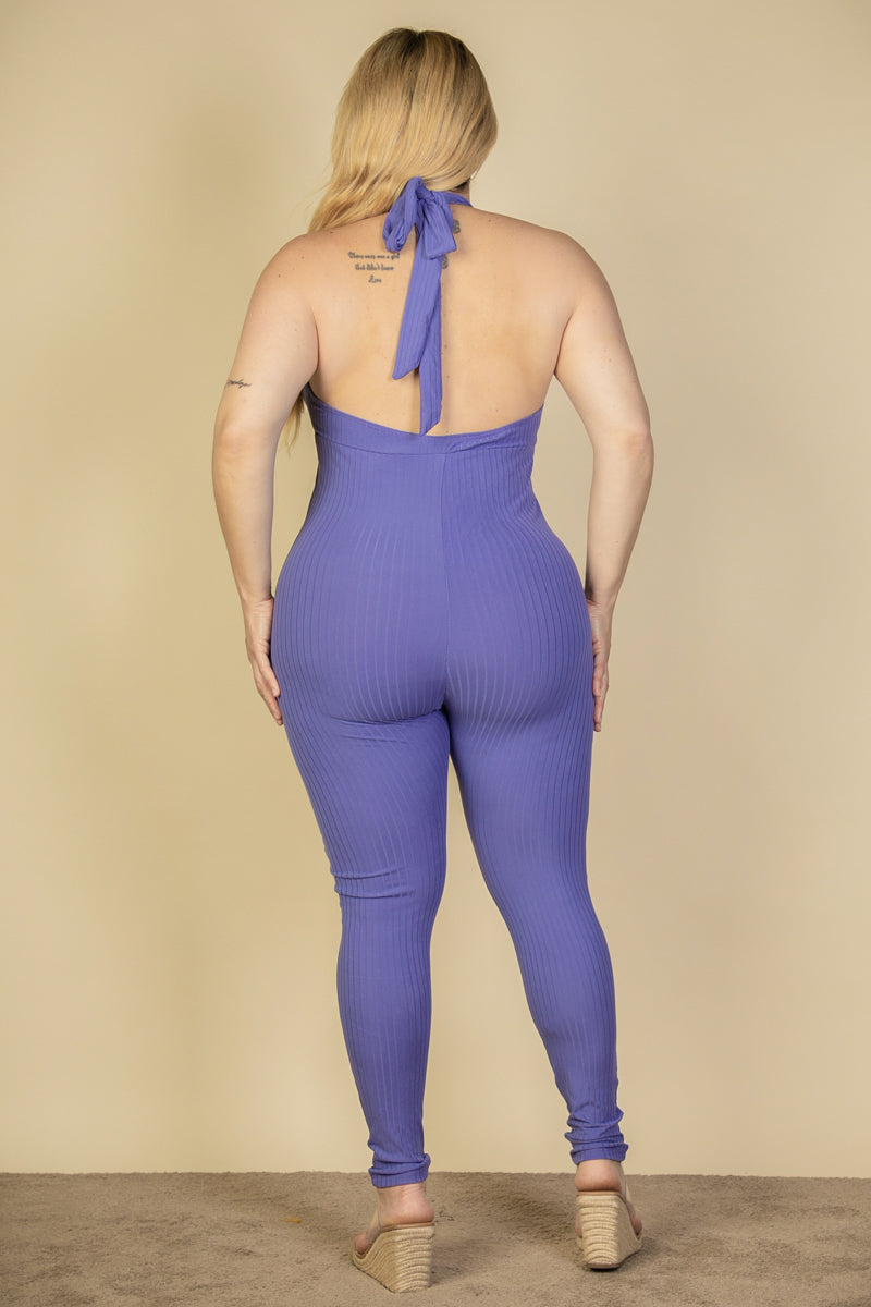 Plus Size Halter V Neck Ribbed Bodycon Jumpsuit (CAPELLA)-2
