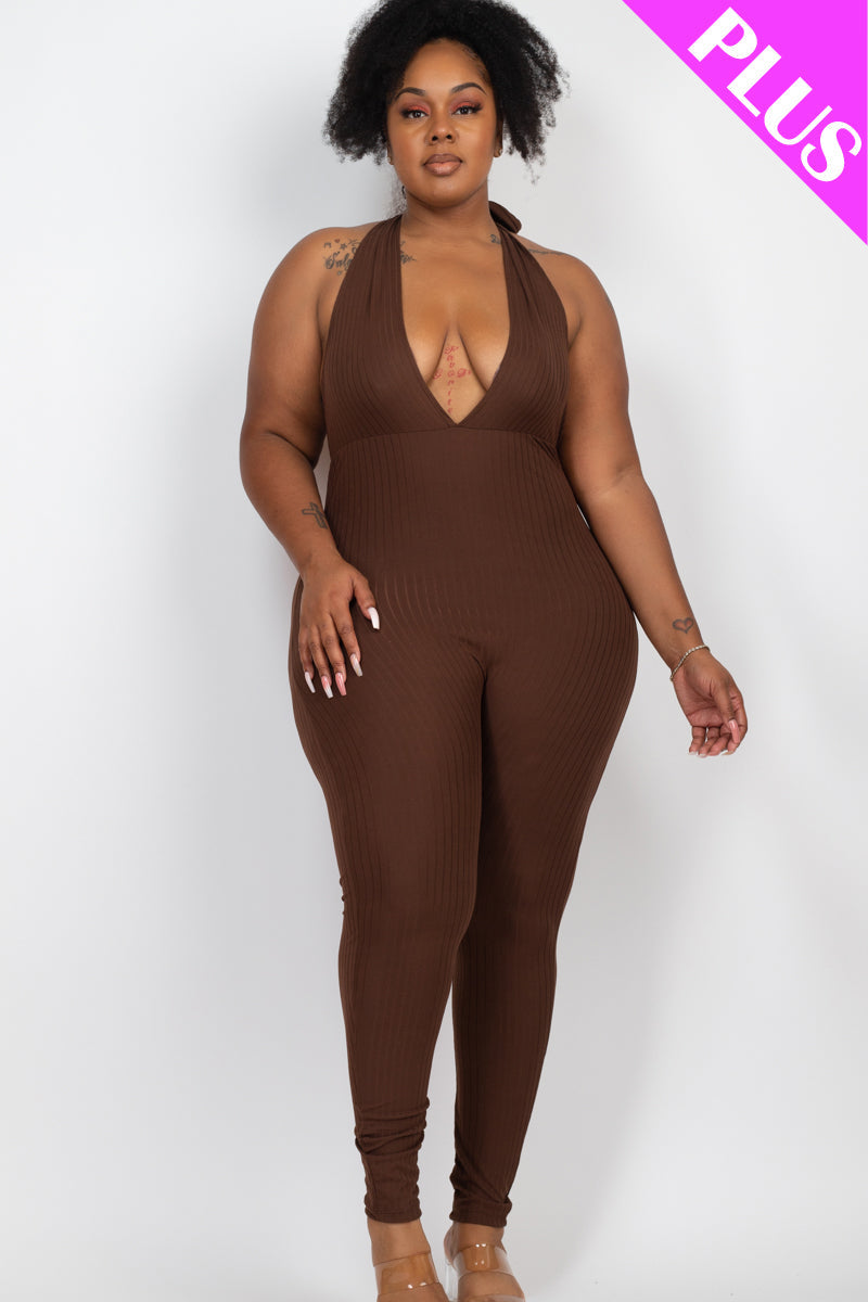 Plus Size Halter V Neck Ribbed Bodycon Jumpsuit (CAPELLA)-6