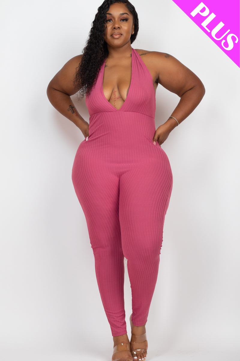 Plus Size Halter V Neck Ribbed Bodycon Jumpsuit (CAPELLA)-7