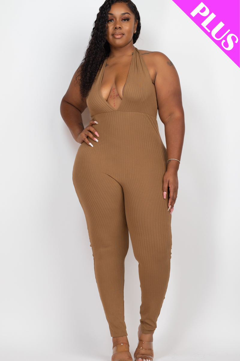 Plus Size Halter V Neck Ribbed Bodycon Jumpsuit (CAPELLA)-8