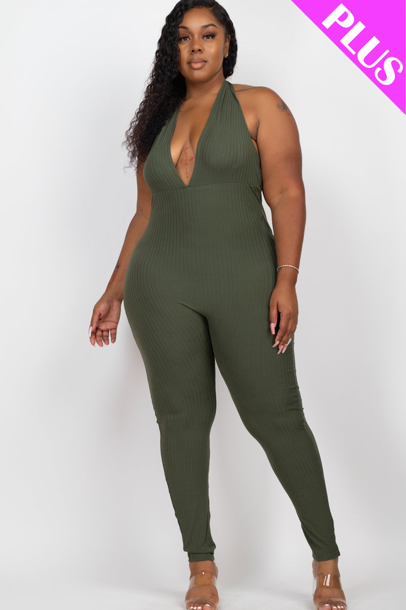 Plus Size Halter V Neck Ribbed Bodycon Jumpsuit (CAPELLA)-9