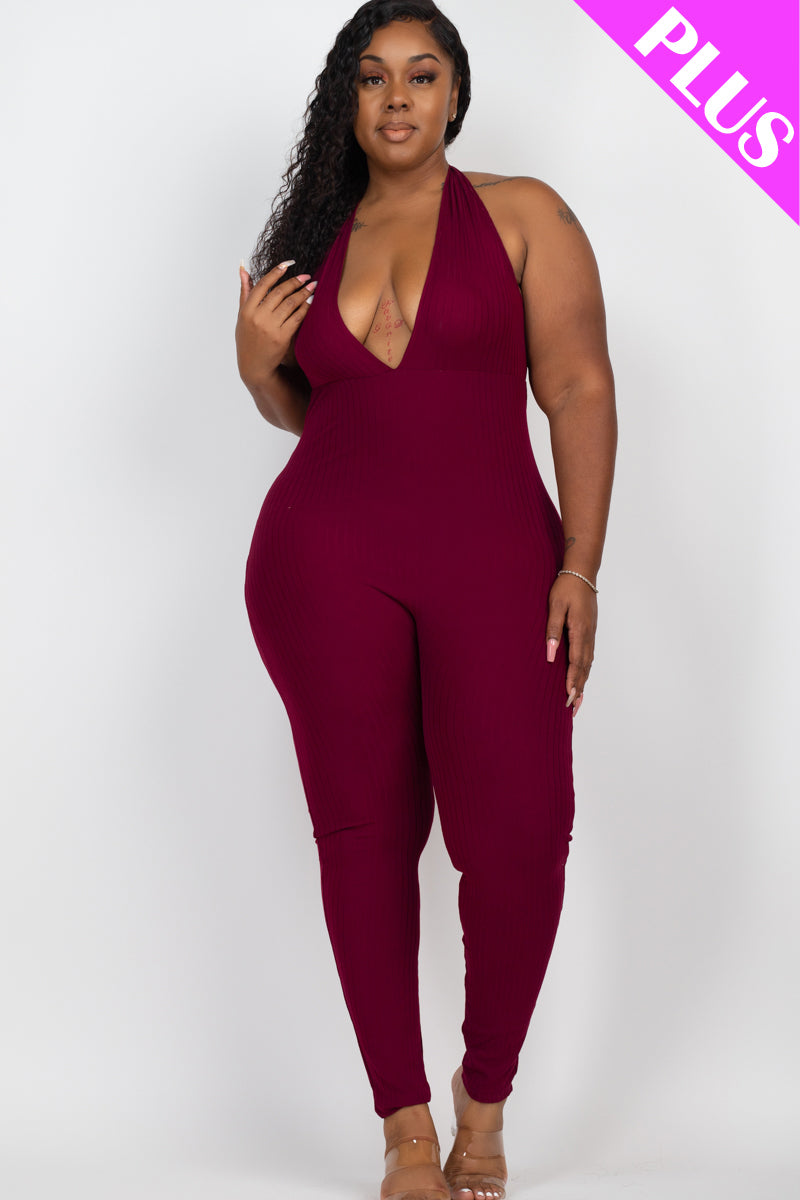 Plus Size Halter V Neck Ribbed Bodycon Jumpsuit (CAPELLA)-5