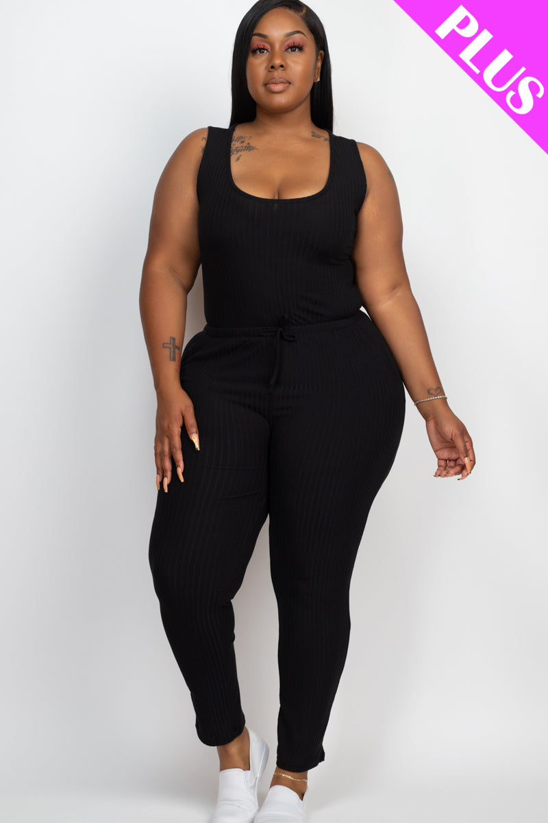 Plus Size Ribbed Sleeveless Drawstring Waist Jumpsuit (CAPELLA)-5