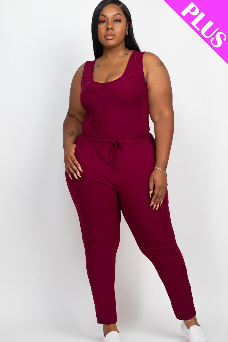 Plus Size Ribbed Sleeveless Drawstring Waist Jumpsuit (CAPELLA)-6