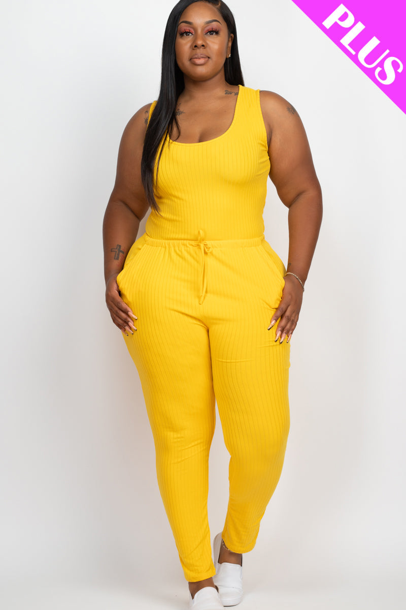 Plus Size Ribbed Sleeveless Drawstring Waist Jumpsuit (CAPELLA)-7