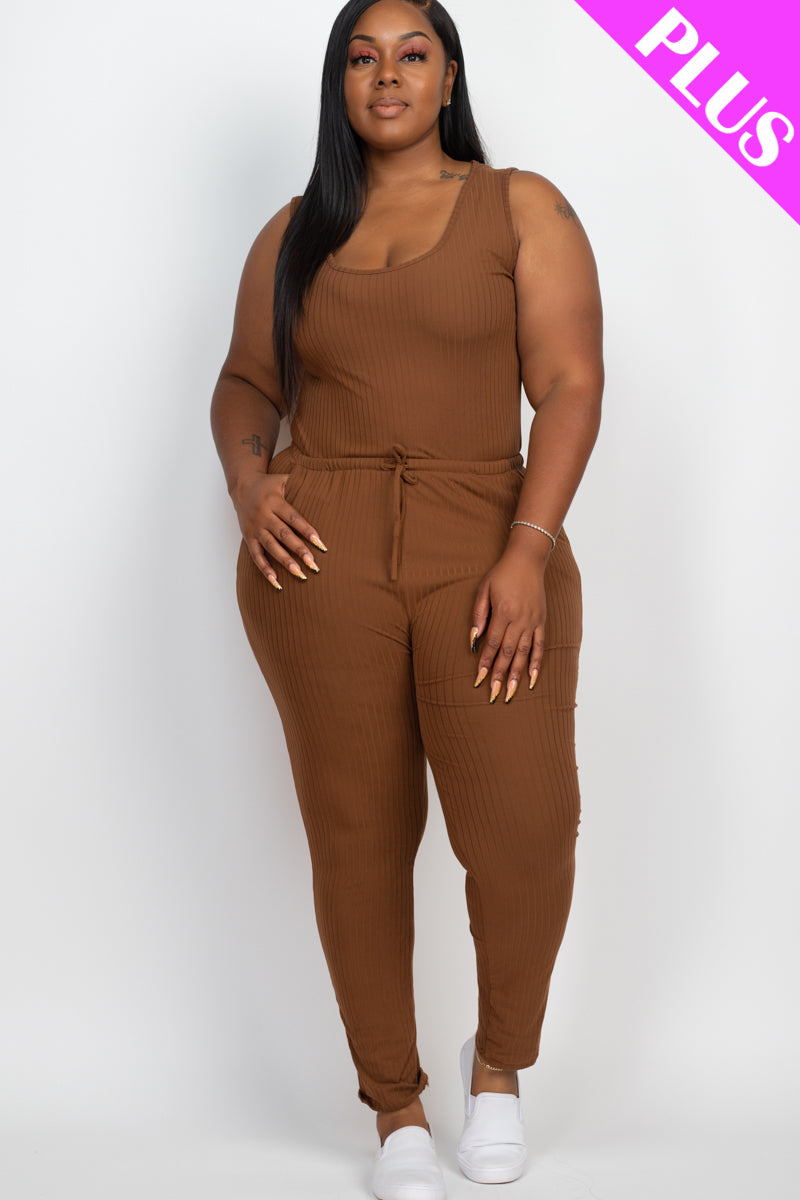 Plus Size Ribbed Sleeveless Drawstring Waist Jumpsuit (CAPELLA)-8