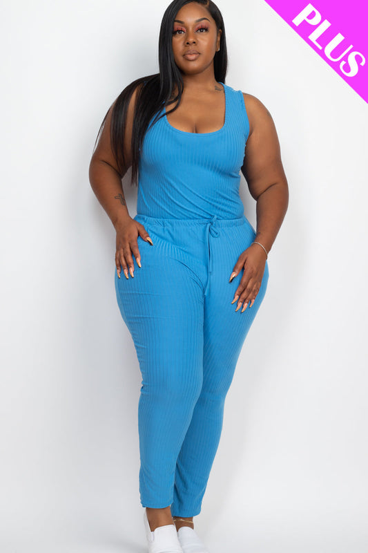 Plus Size Ribbed Sleeveless Drawstring Waist Jumpsuit (CAPELLA)-10