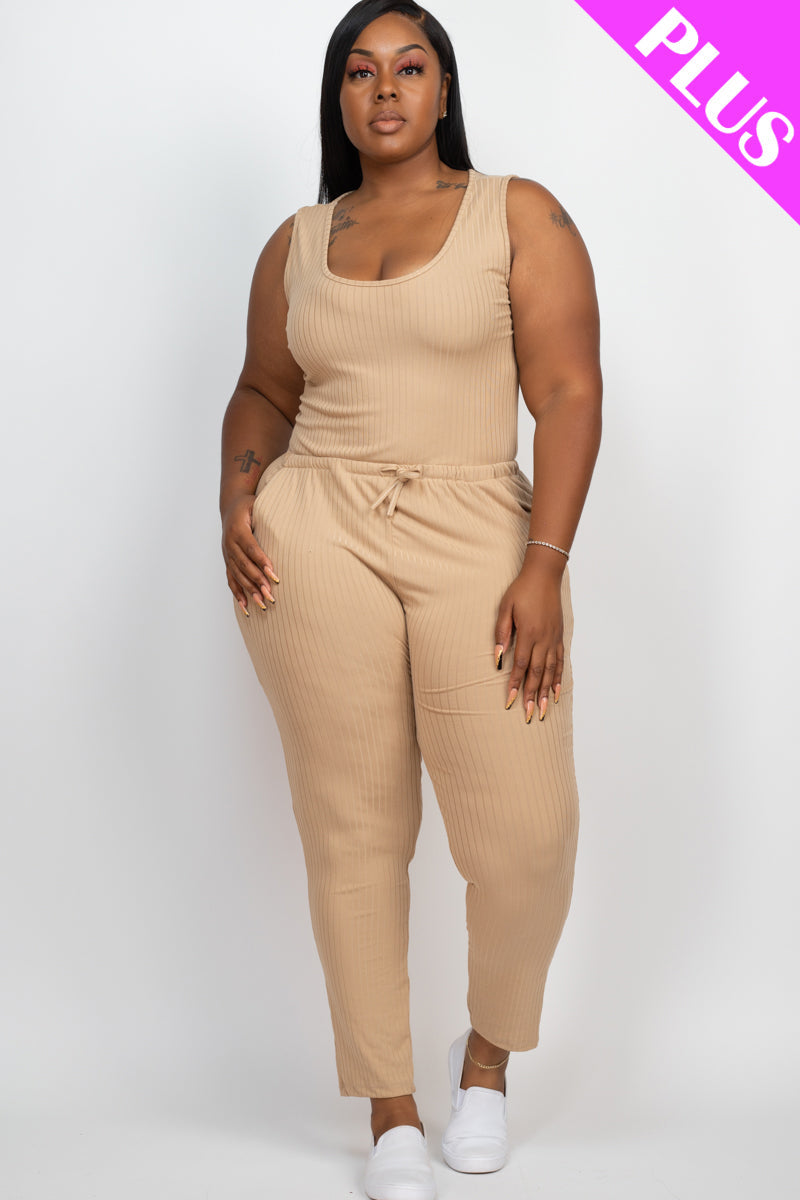 Plus Size Ribbed Sleeveless Drawstring Waist Jumpsuit (CAPELLA)-11