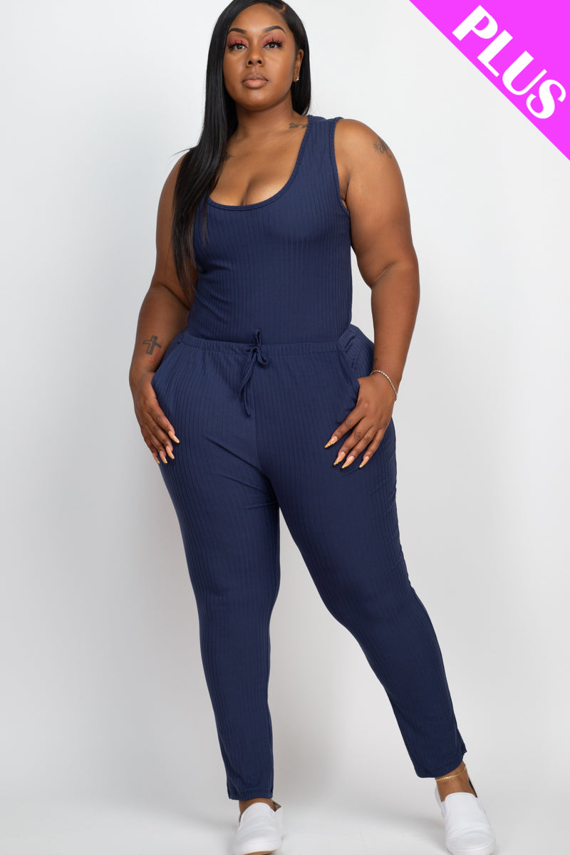 Plus Size Ribbed Sleeveless Drawstring Waist Jumpsuit (CAPELLA)-0