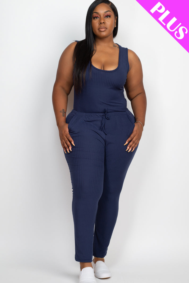 Plus Size Ribbed Sleeveless Drawstring Waist Jumpsuit (CAPELLA)-4
