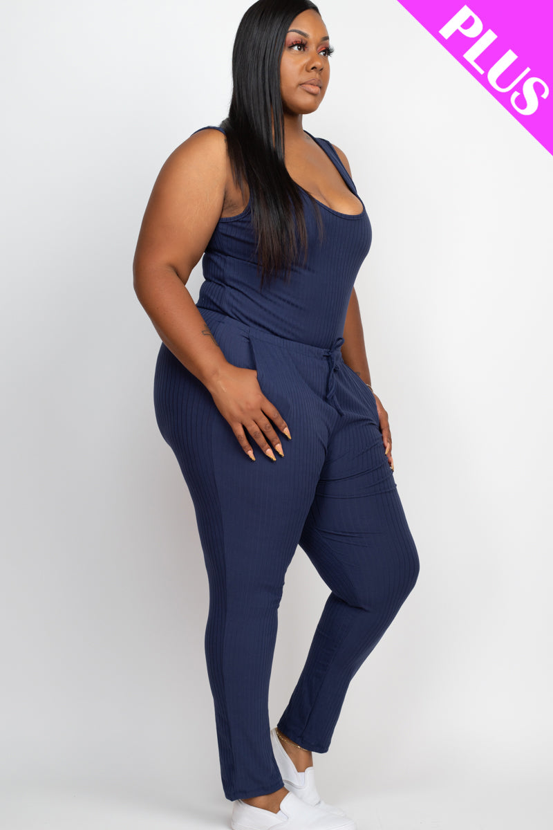 Plus Size Ribbed Sleeveless Drawstring Waist Jumpsuit (CAPELLA)-1
