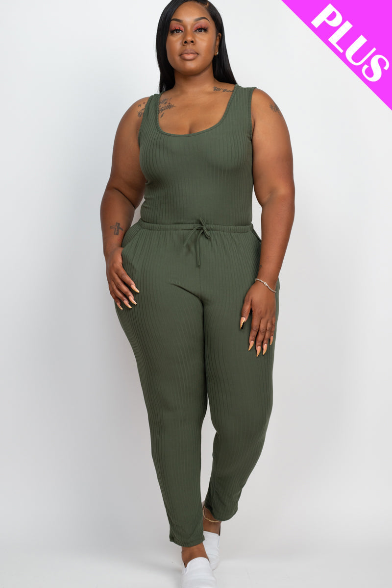 Plus Size Ribbed Sleeveless Drawstring Waist Jumpsuit (CAPELLA)-12