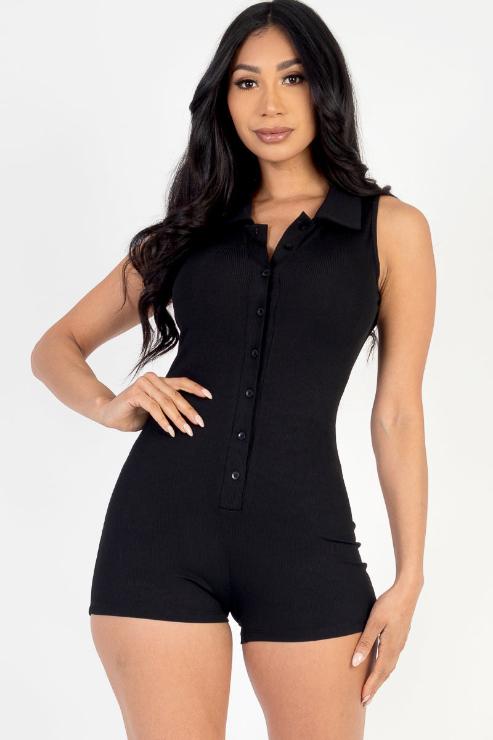 Ribbed Knit Sleeveless Button Front Romper (CAPELLA)-0