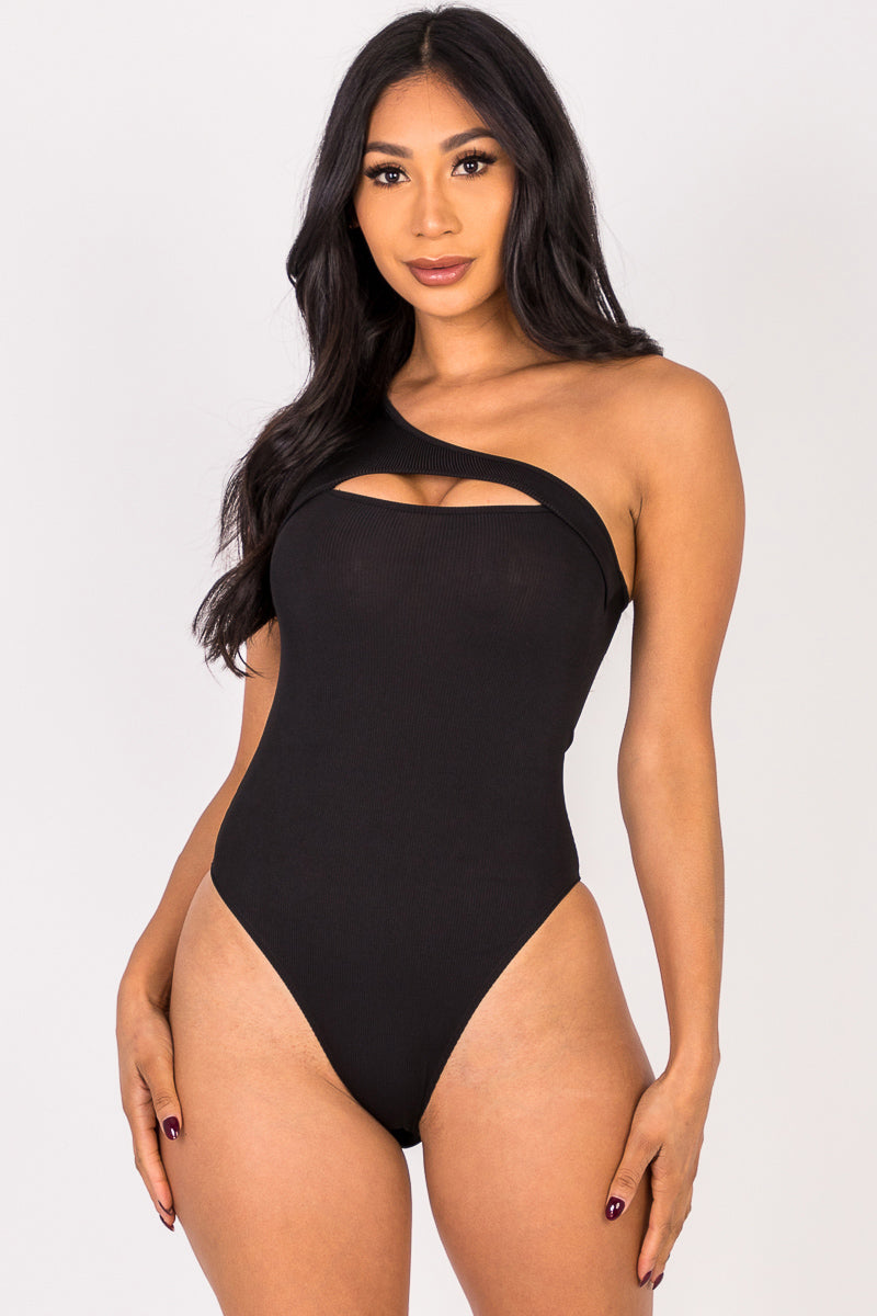 Ribbed Knit Cut Out One Shoulder Bodysuit (CAPELLA)-5