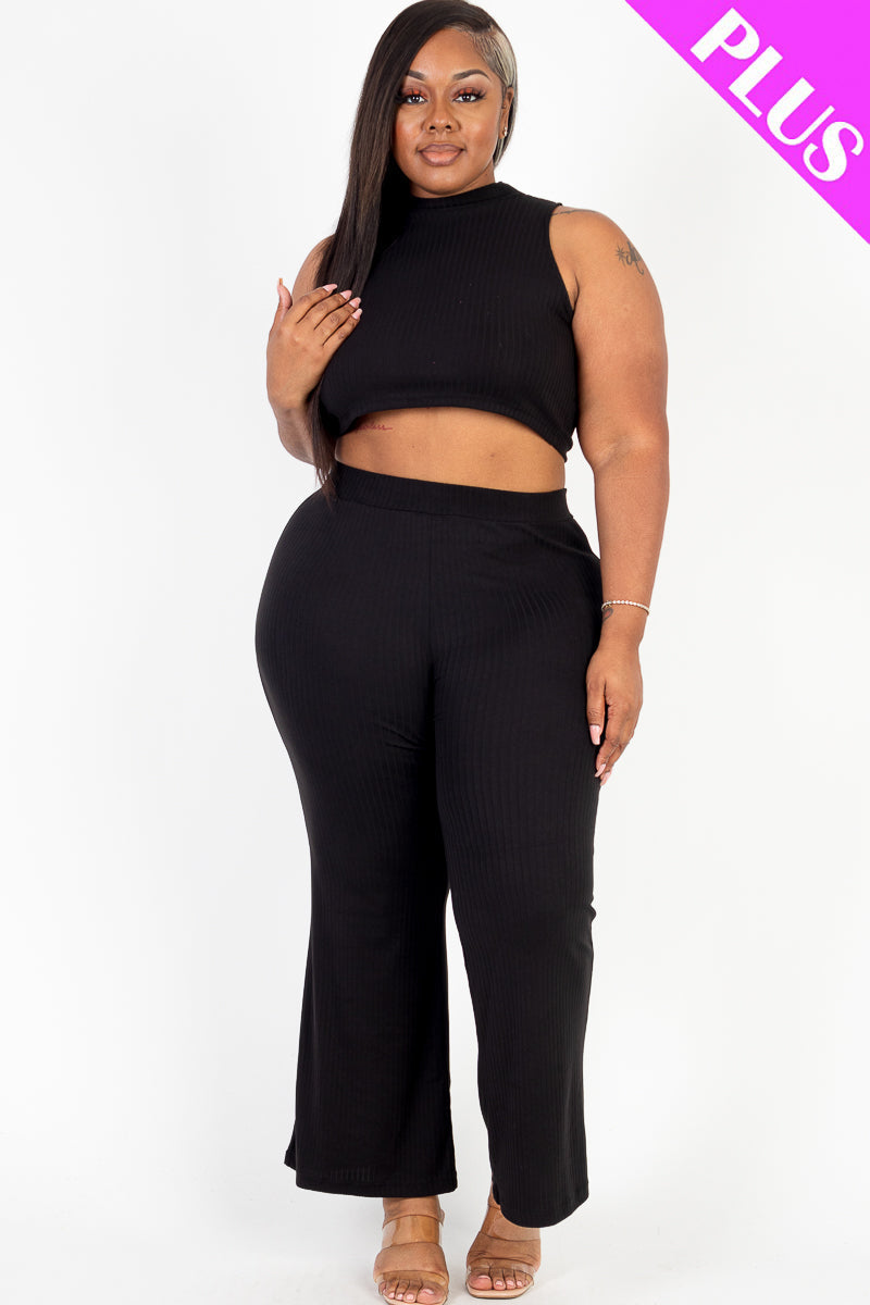 Plus Size Ribbed Mock Neck Crop Tank Top& Bootcut Pants Set (CAPELLA)-5