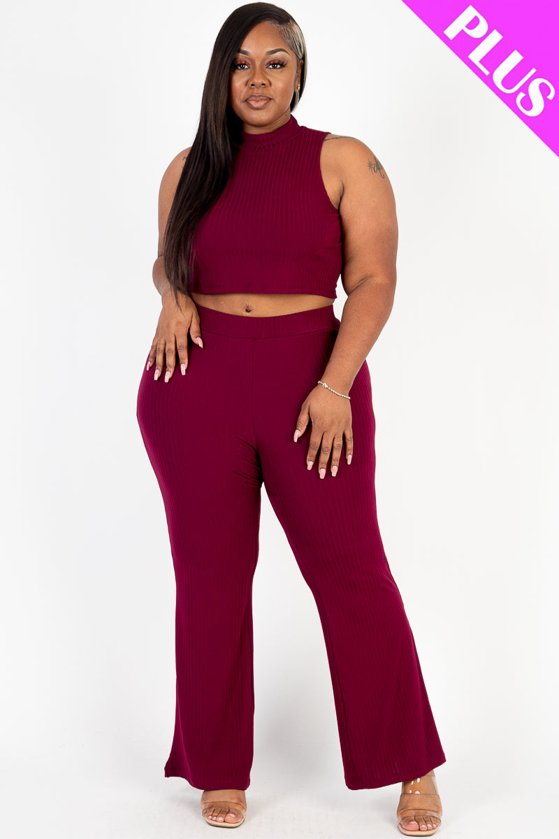 Plus Size Ribbed Mock Neck Crop Tank Top& Bootcut Pants Set (CAPELLA)-6