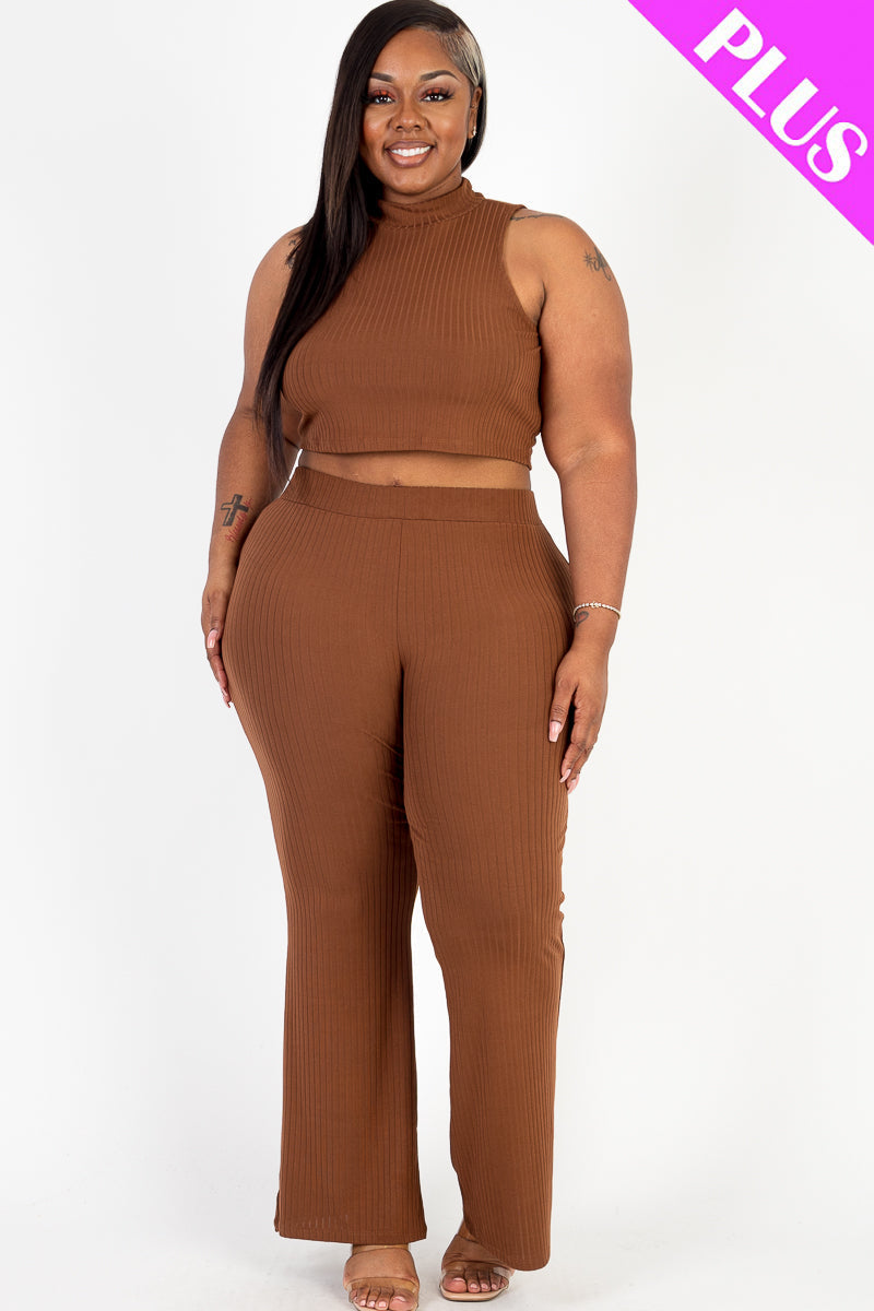 Plus Size Ribbed Mock Neck Crop Tank Top& Bootcut Pants Set (CAPELLA)-7