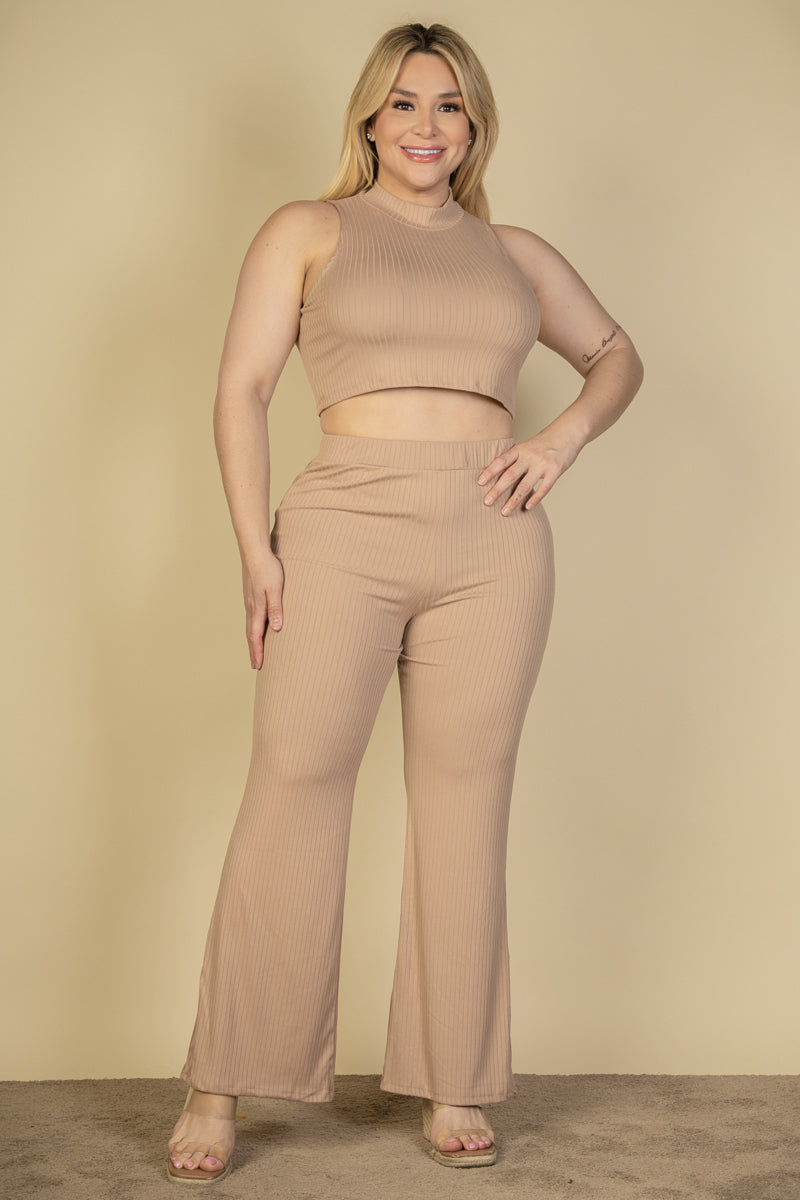Plus Size Ribbed Mock Neck Crop Tank Top& Bootcut Pants Set (CAPELLA)-0
