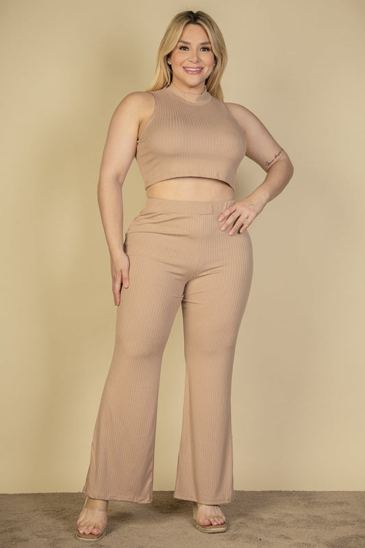 Plus Size Ribbed Mock Neck Crop Tank Top& Bootcut Pants Set (CAPELLA)-0