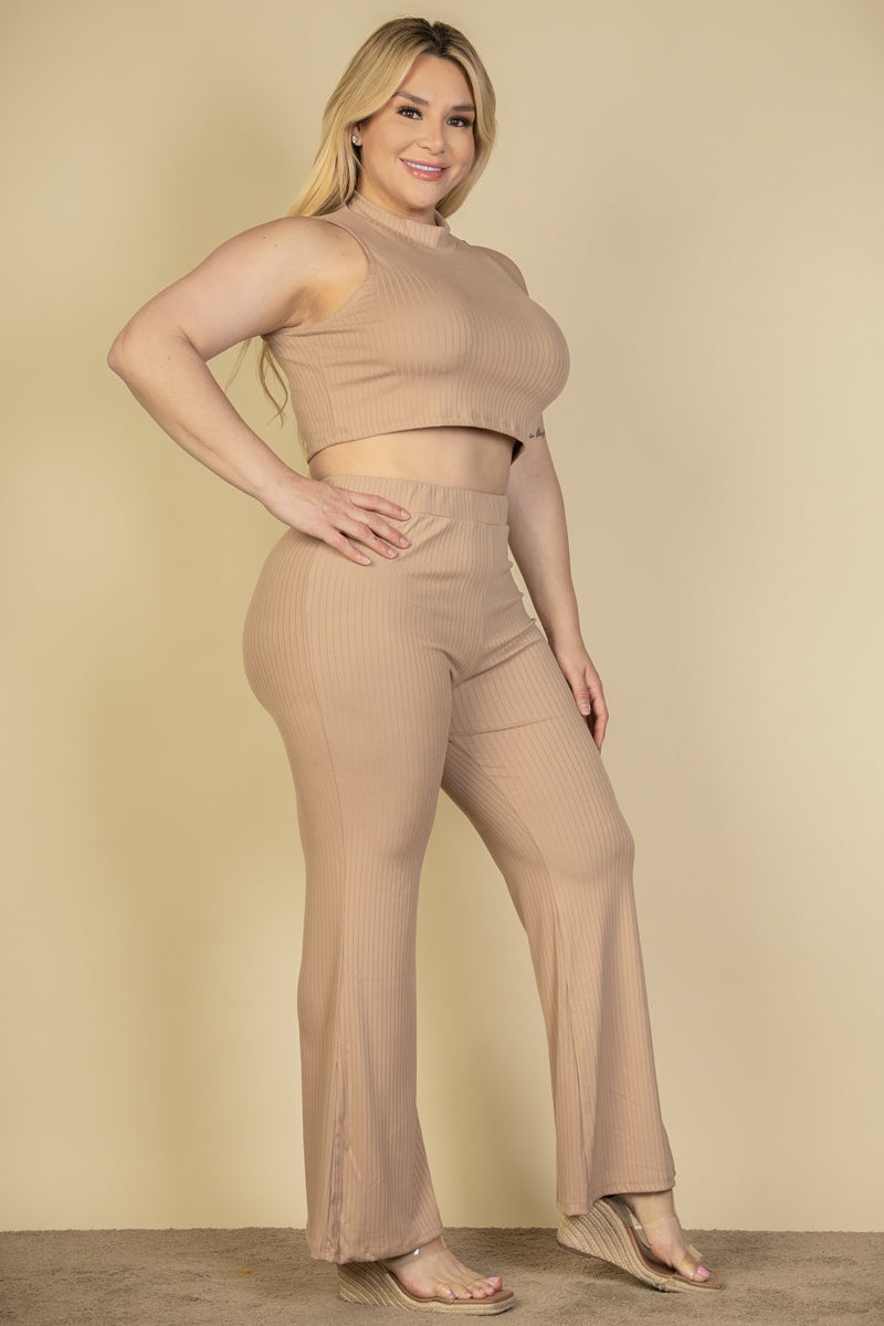 Plus Size Ribbed Mock Neck Crop Tank Top& Bootcut Pants Set (CAPELLA)-1