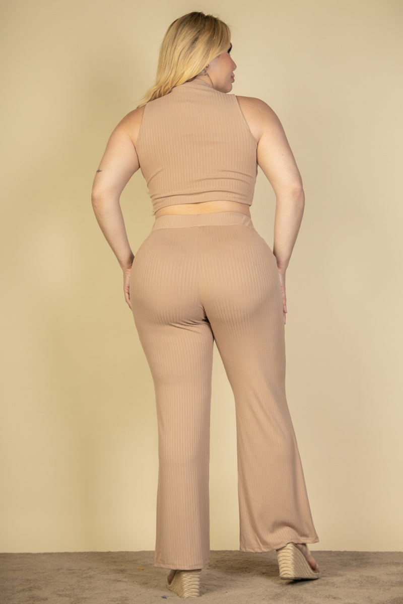 Plus Size Ribbed Mock Neck Crop Tank Top& Bootcut Pants Set (CAPELLA)-2