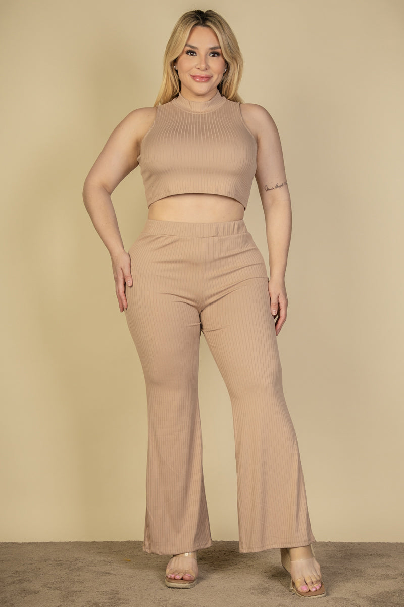 Plus Size Ribbed Mock Neck Crop Tank Top& Bootcut Pants Set (CAPELLA)-4