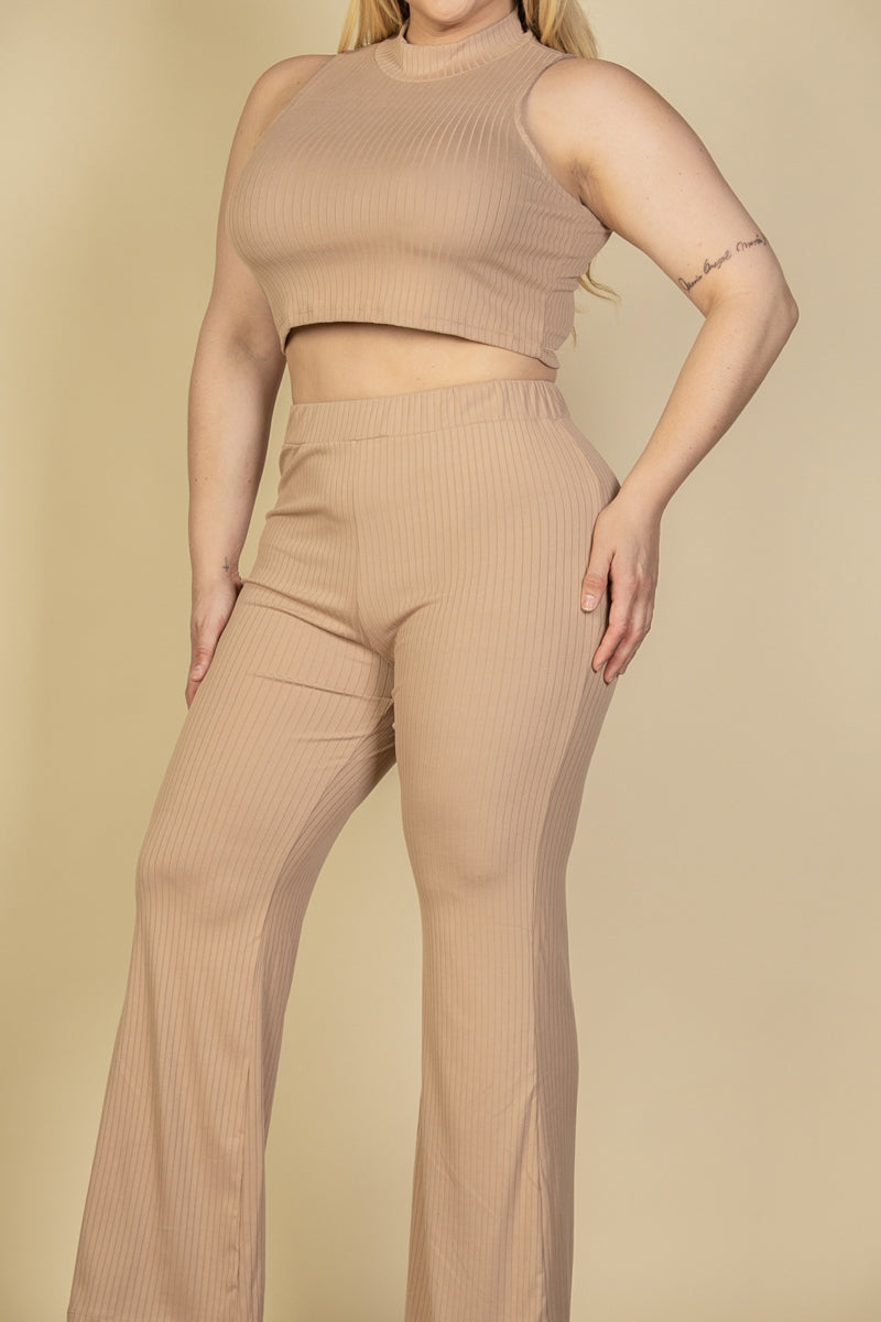 Plus Size Ribbed Mock Neck Crop Tank Top& Bootcut Pants Set (CAPELLA)-3