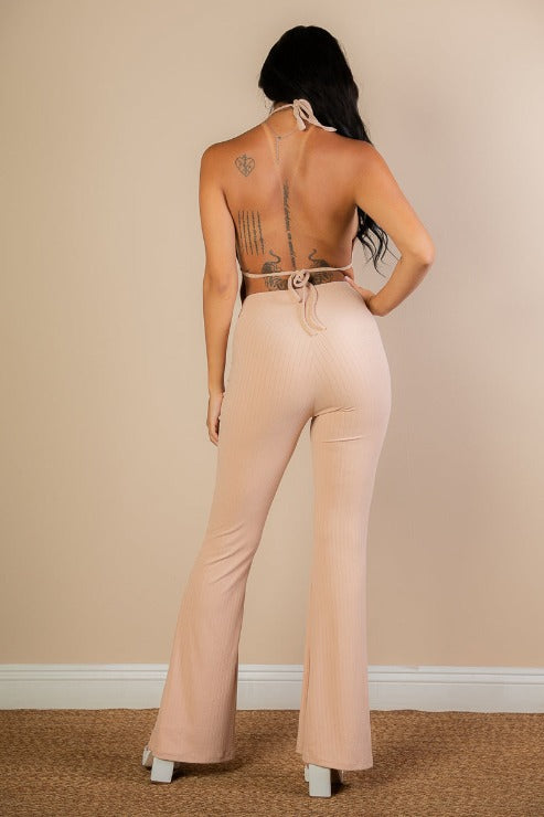 Split Front Backless Halter Top & Flare Pants Set (CAPELLA)-2