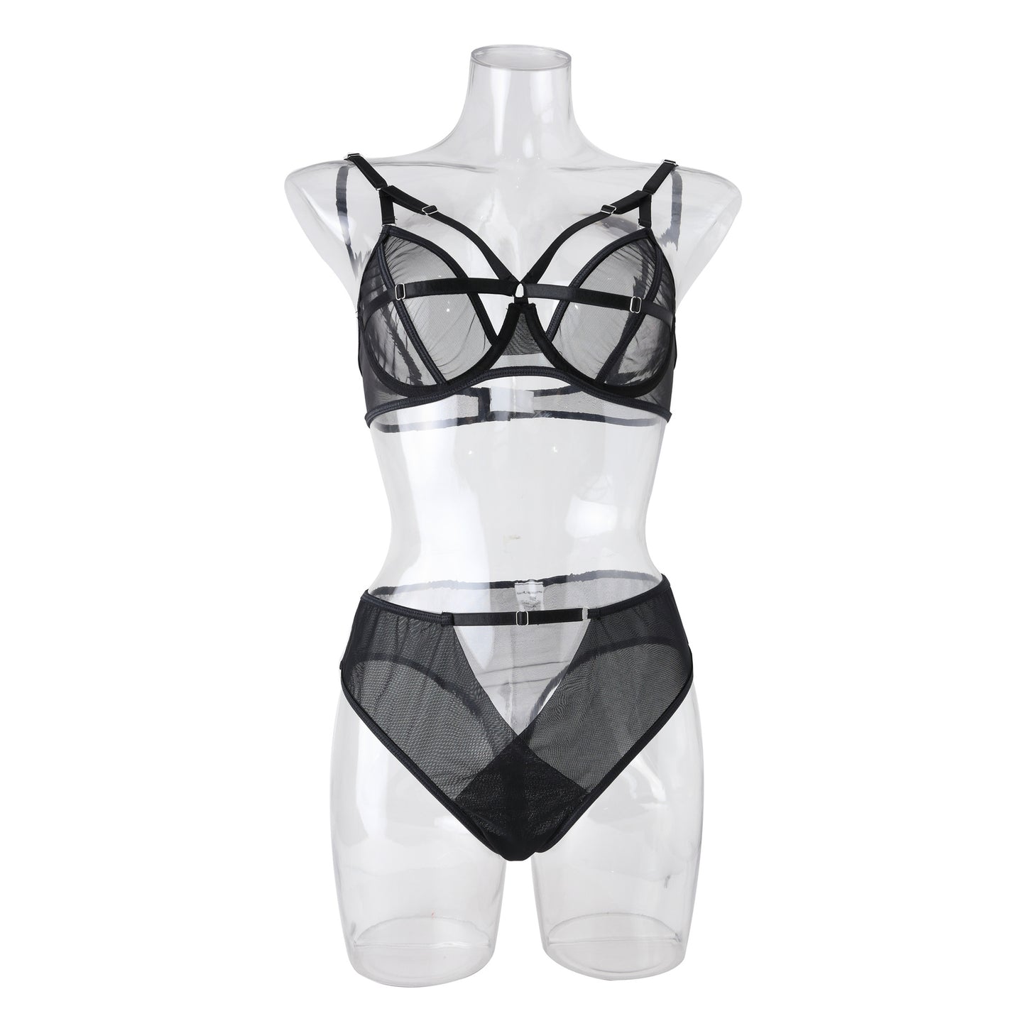 Chic Sexy Lingerie Mesh Bra Set with Cross Hollow Panty - Wholesale Lingerie Model Front View