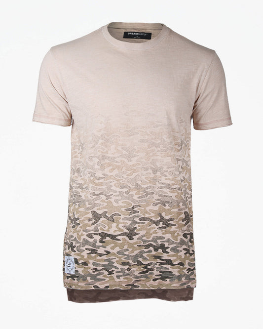 Men's Short Sleeve Camouflage Longline Side Slit Oil Wash T-shirts BROWN-0