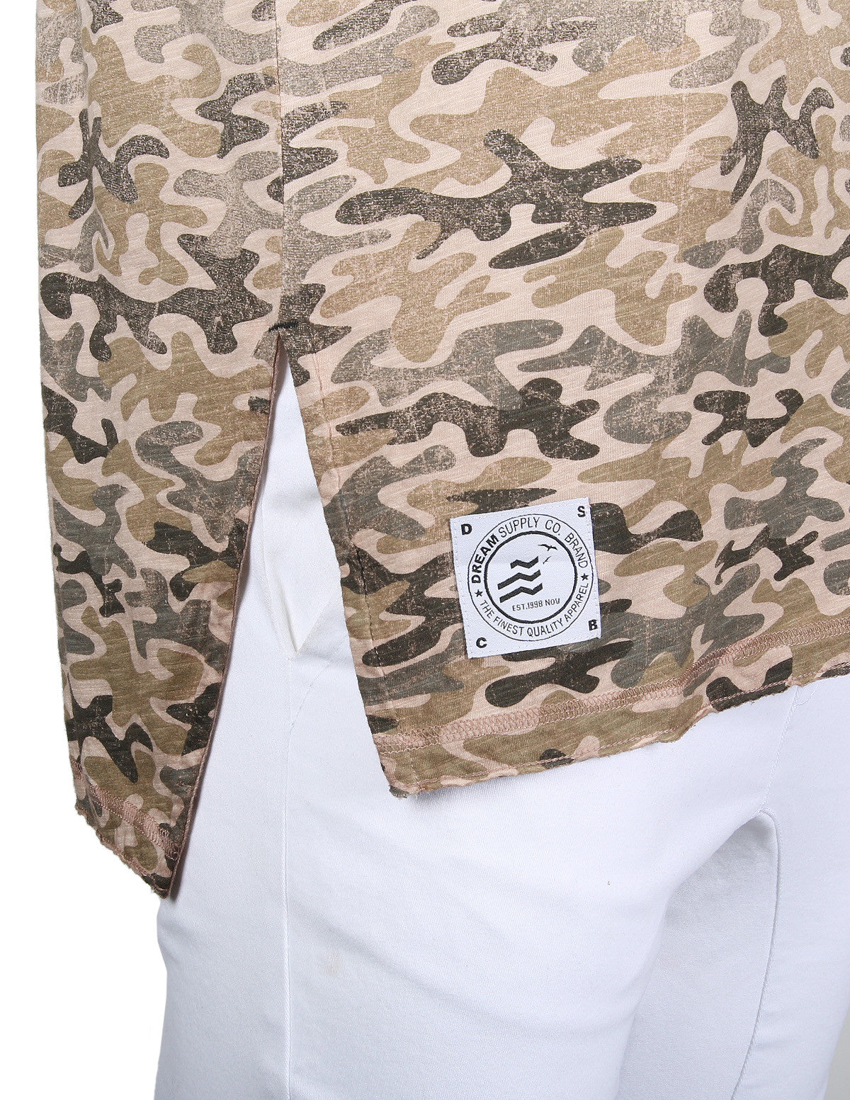 Men's Short Sleeve Camouflage Longline Side Slit Oil Wash T-shirts BROWN-2