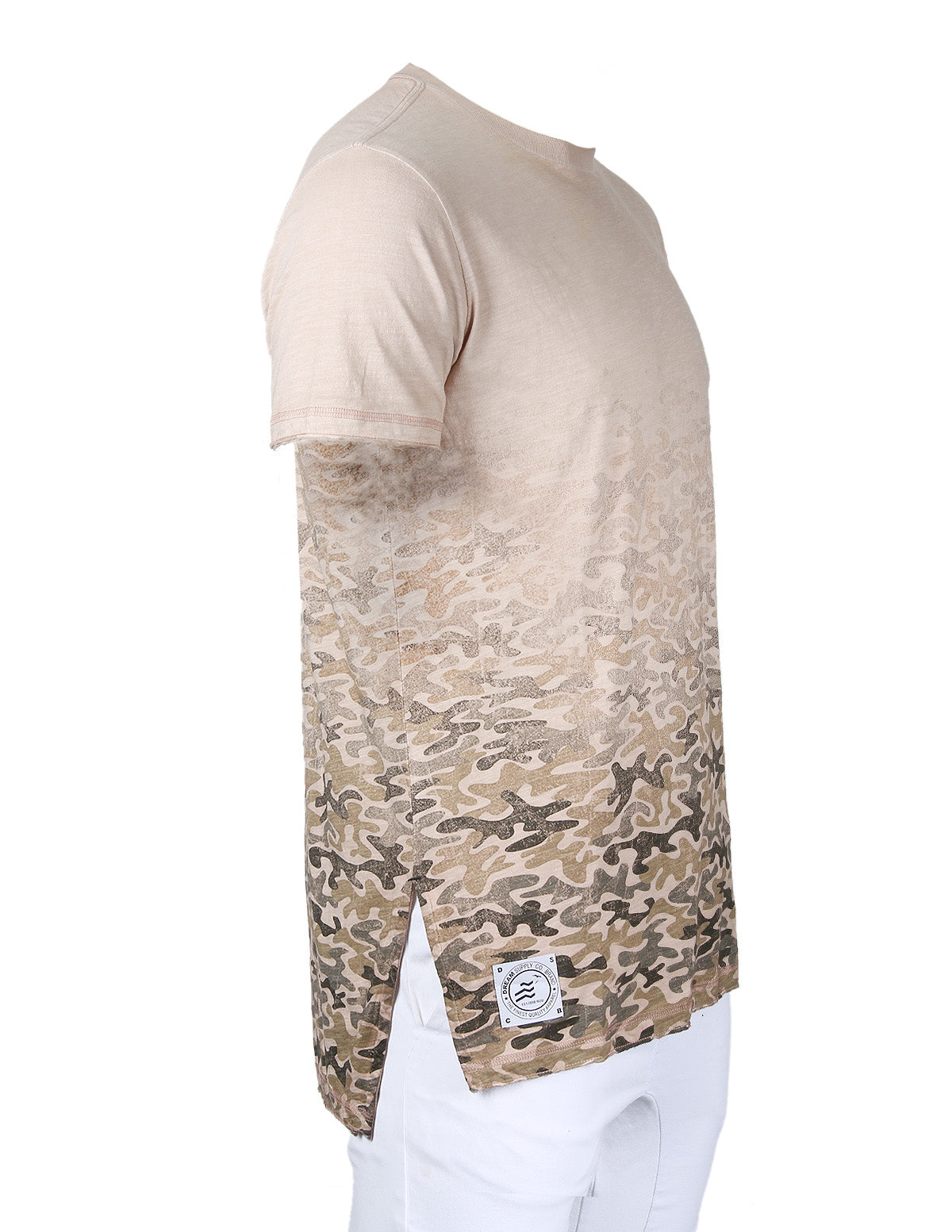 Men's Short Sleeve Camouflage Longline Side Slit Oil Wash T-shirts BROWN-1