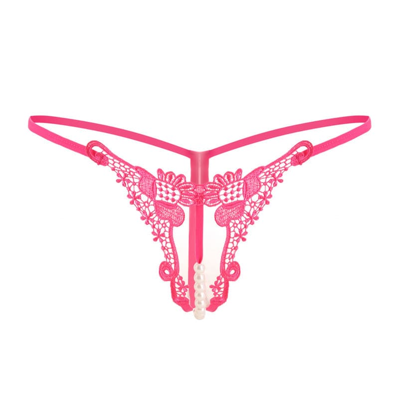 Deep Pink Luxurious Embroidered Pearl Open Crotch Micro Thong