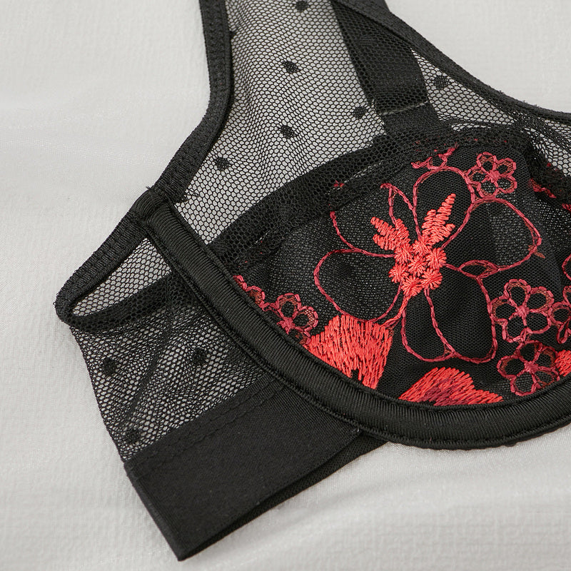 Embroidered Mesh 3-Piece Bra and Panty Set with Red Floral Bra Details