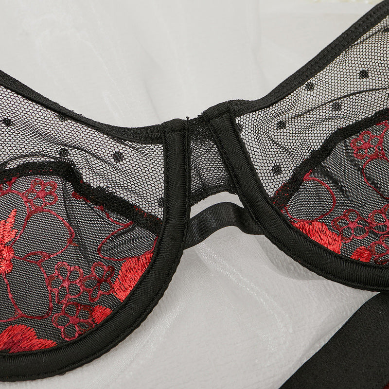 Wholesale Embroidered Mesh 3-Piece Bra and Panty Set with Red Floral-7