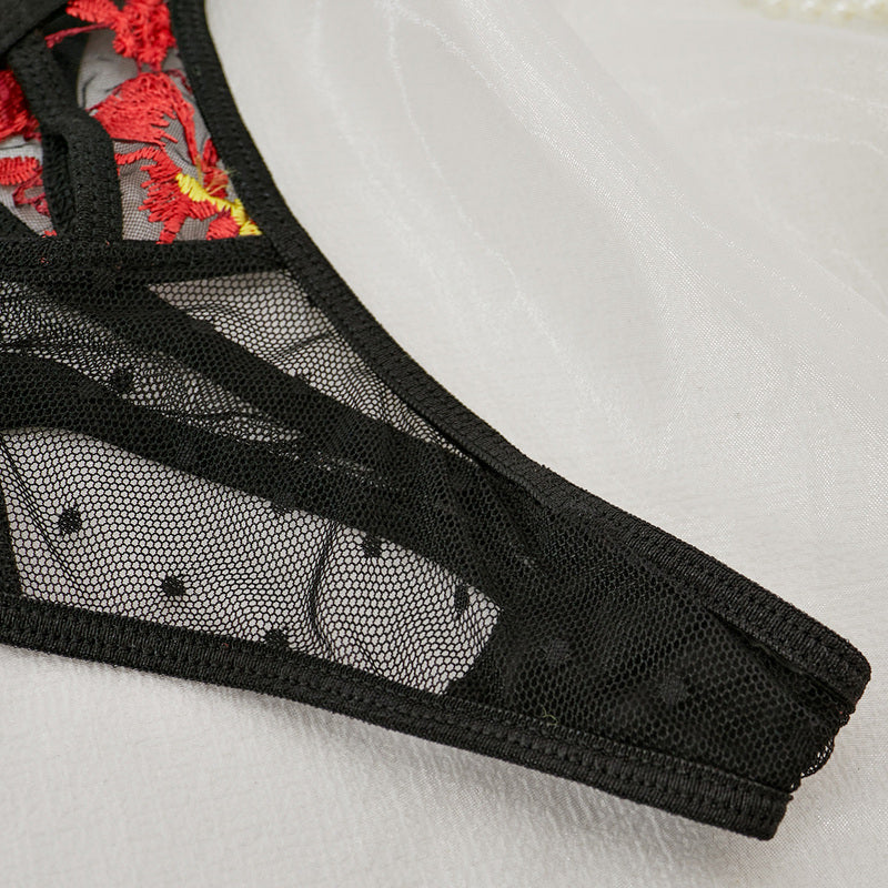 Wholesale Embroidered Mesh 3-Piece Bra and Panty Set with Red Floral-10