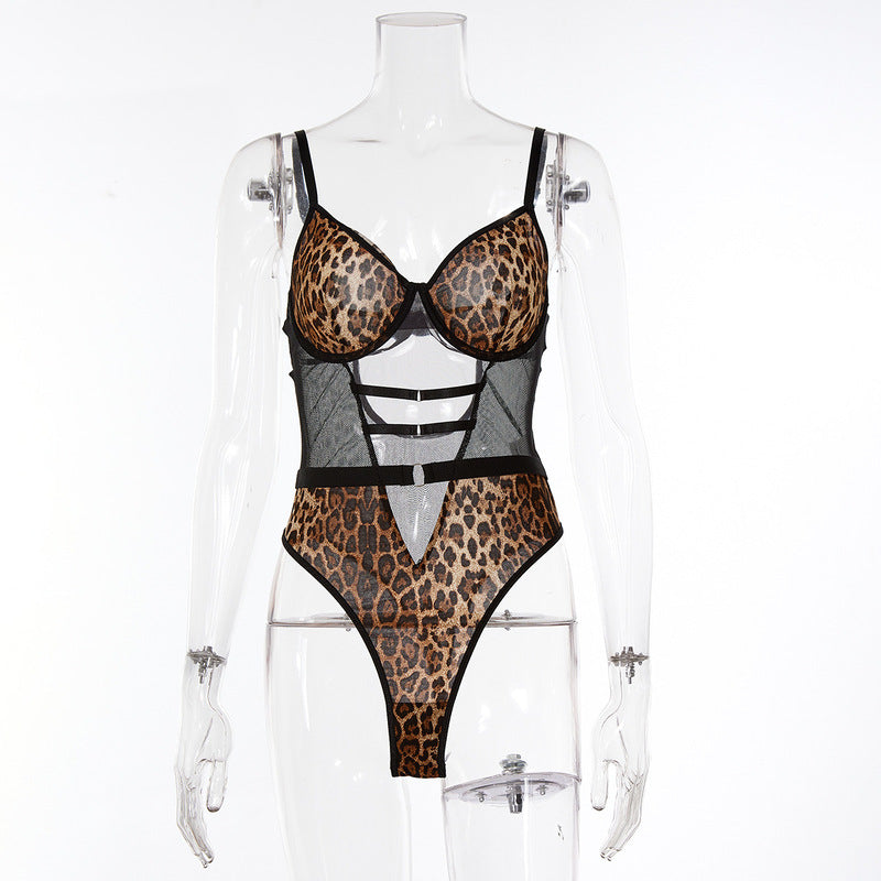 Khaki Leopard Print Perspective Sexy One-Piece Sets Side Front view