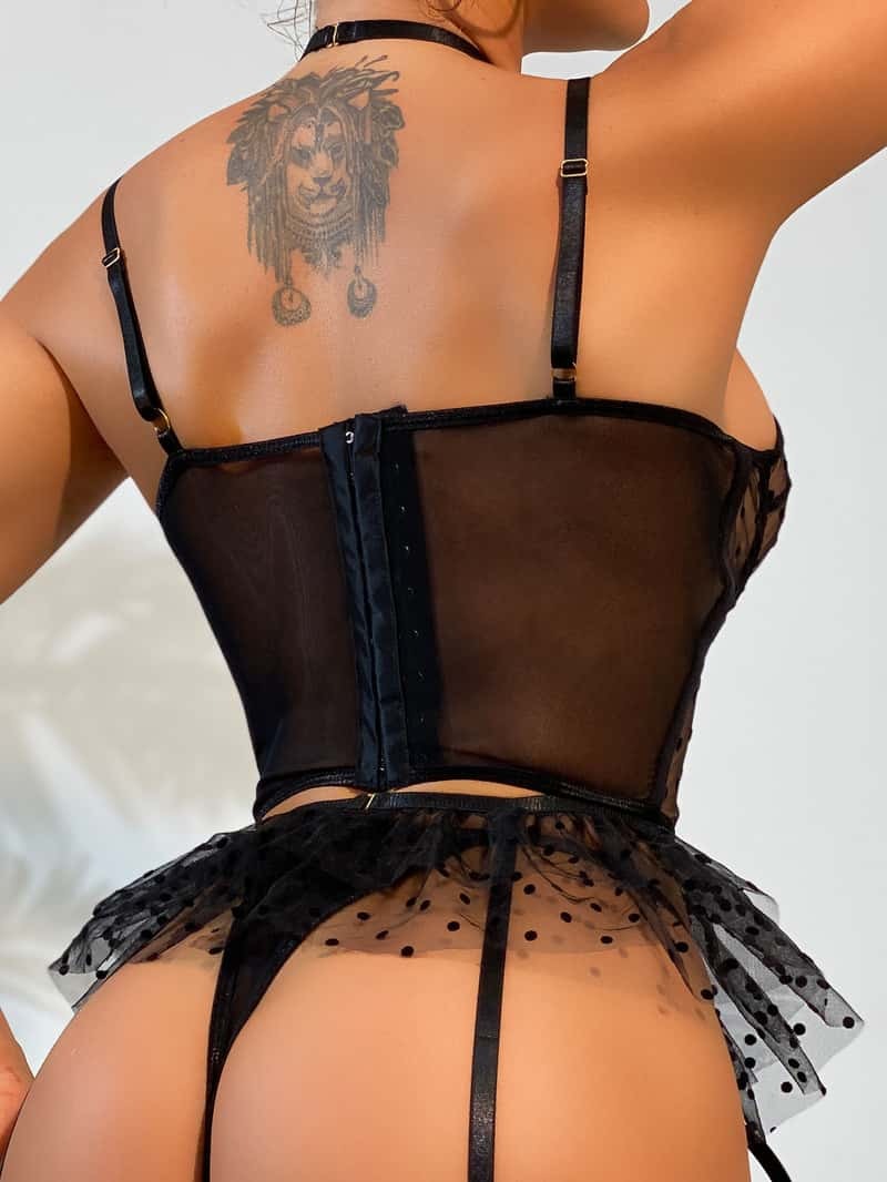 Lace Polka Dot Ruffle Bustier Bra Set Back View On Model