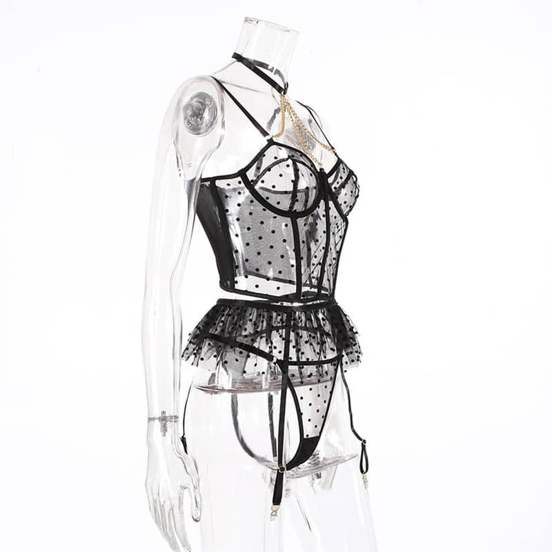 Lace Polka Dot Ruffle Bustier Bra Set Site View