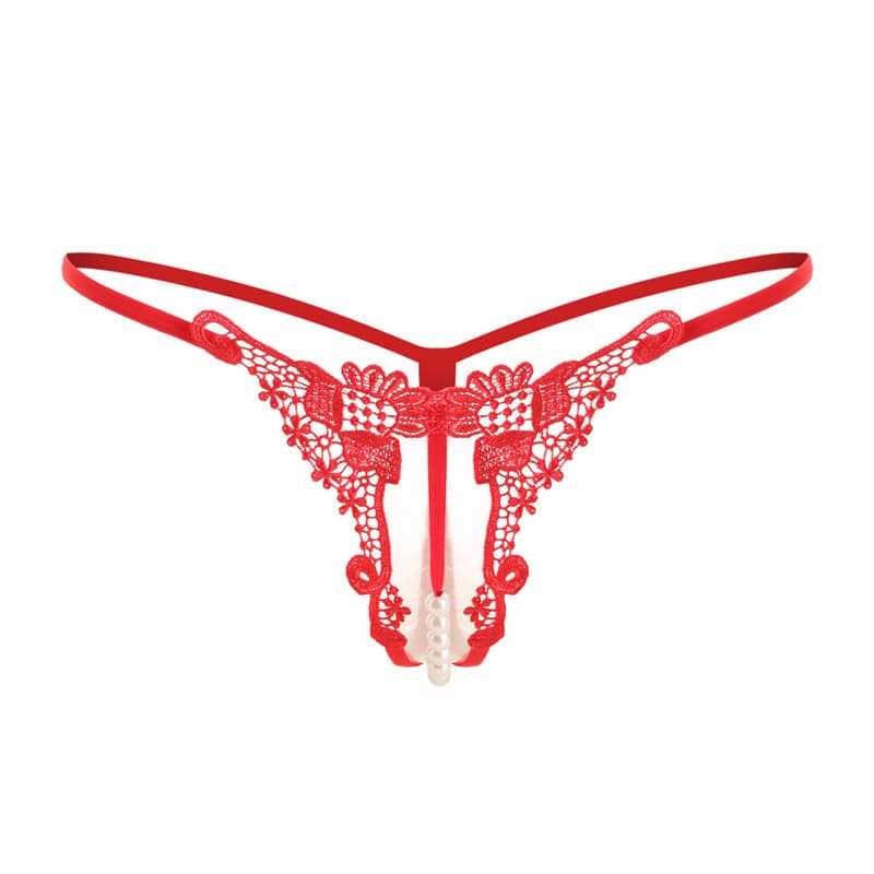 Red Luxurious Embroidered Pearl Open Crotch Micro Thong