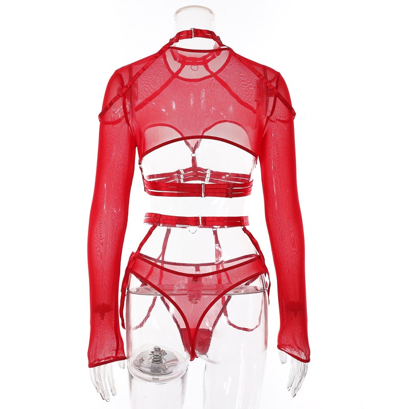 Red Mesh See-through Sexy Lingerie Set Back View