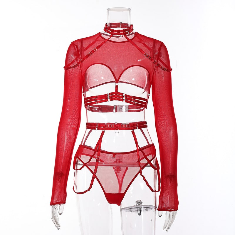 Red Mesh See-through Sexy Lingerie Set Front View
