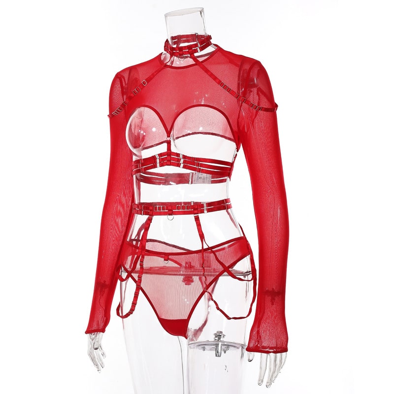 Red Mesh See-through Sexy Lingerie Set Site View